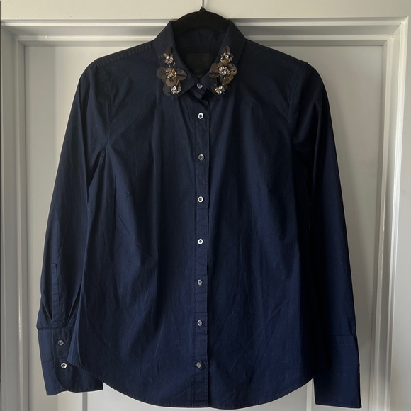 J. Crew Tops - J. Crew Collection Navy Perfect Shirt with Embellished Collar